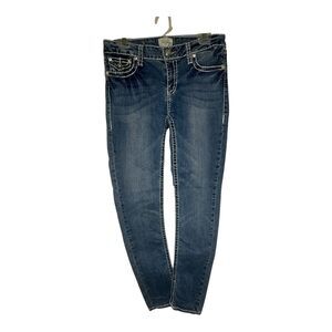LA Idol USA Jeans Bling Rhinestones Blue White Stitches Women's Sz 11 Skinny Low